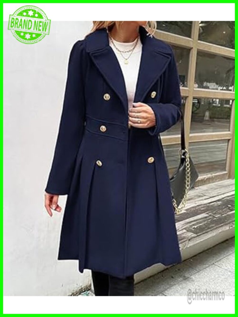 Double Breasted Trench Coat Notch Lapel A-Line Pleated Wool Blend Pea Coat - Picture 5 of 5